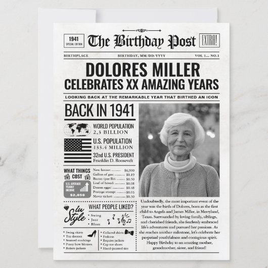 Aangepaste Terug in 1941 krant Verjaardag Kaart, T Feestdagenkaart (Voorkant)