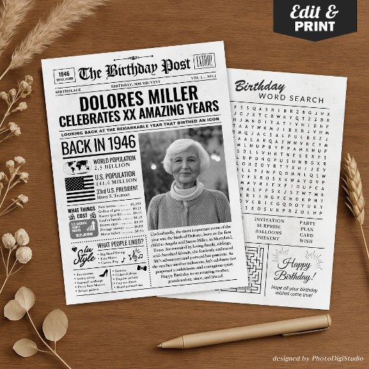 Aangepaste Terug in 1946 krant Verjaardag Kaart, T Feestdagenkaart