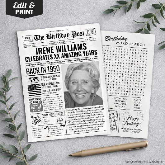 Aangepaste Terug in 1950 krant Verjaardag Kaart, T Feestdagenkaart