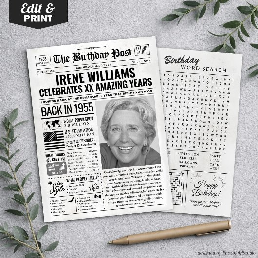 Aangepaste Terug in 1955 krant Verjaardag Kaart, T Feestdagenkaart