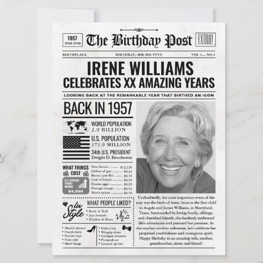 Aangepaste Terug in 1957 krant Verjaardag Kaart, T Feestdagenkaart (Voorkant)