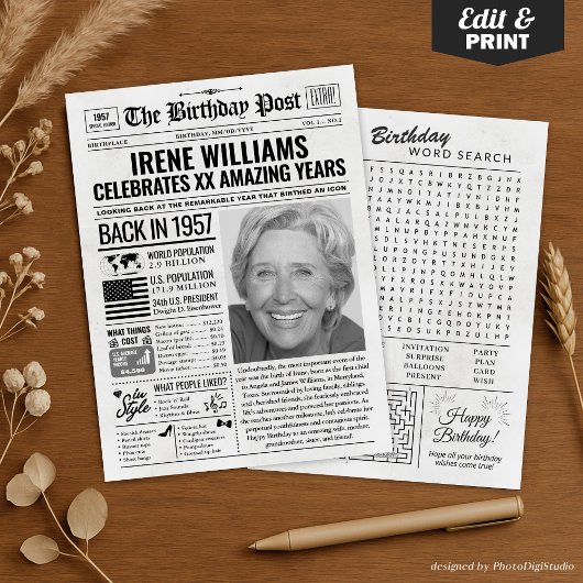 Aangepaste Terug in 1957 krant Verjaardag Kaart, T Feestdagenkaart