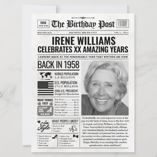 Aangepaste Terug in 1958 Krant Verjaardag Kaart, T Feestdagenkaart (Voorkant)