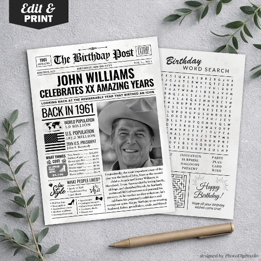 Aangepaste Terug in 1961 krant Verjaardag Kaart, T Feestdagenkaart