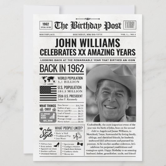 Aangepaste Terug in 1962 krant Verjaardag Kaart, T Feestdagenkaart (Voorkant)