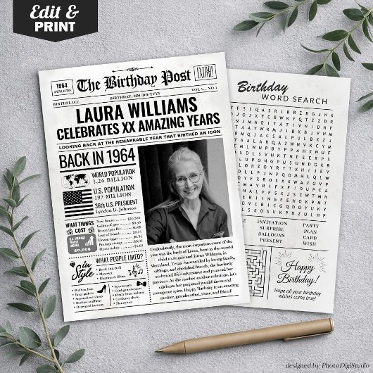 Aangepaste Terug in 1964 krant Verjaardag Kaart, T Feestdagenkaart