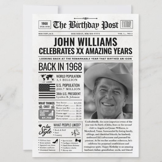 Aangepaste Terug in 1968 Krant Verjaardag Kaart, T Feestdagenkaart (Voorkant)