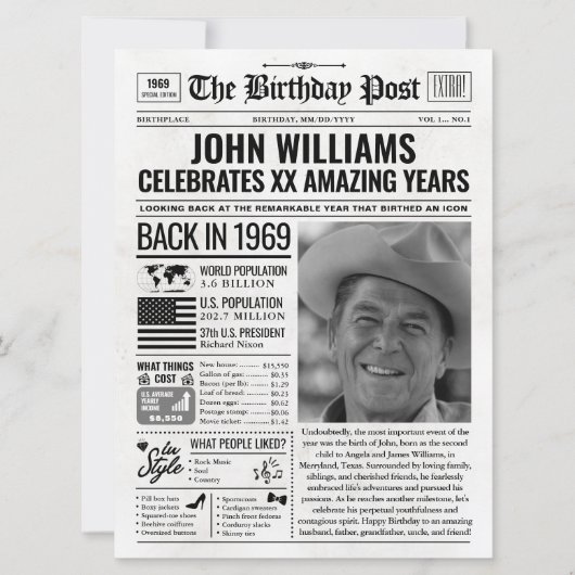 Aangepaste Terug in 1969 krant Verjaardag Kaart, T Feestdagenkaart (Voorkant)