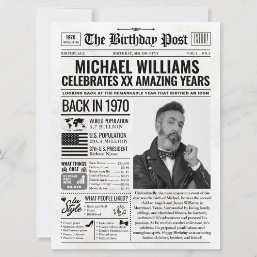 Aangepaste Terug in 1970 krant Verjaardag Kaart, T Feestdagenkaart (Voorkant)