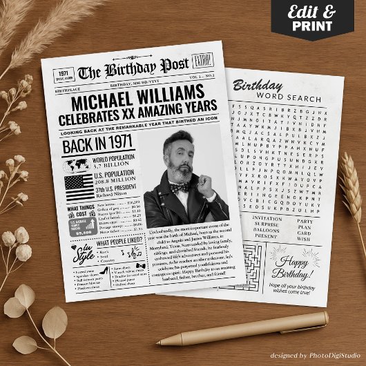 Aangepaste Terug in 1971 krant Verjaardag Kaart, T Feestdagenkaart