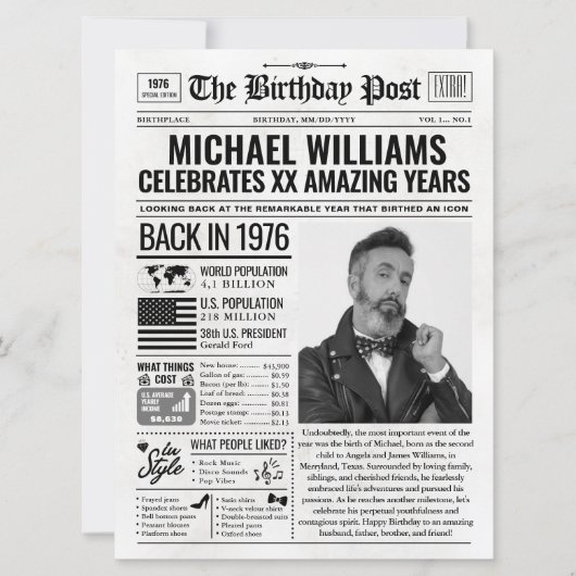 Aangepaste Terug in 1976 krant Verjaardag Kaart, T Feestdagenkaart (Voorkant)