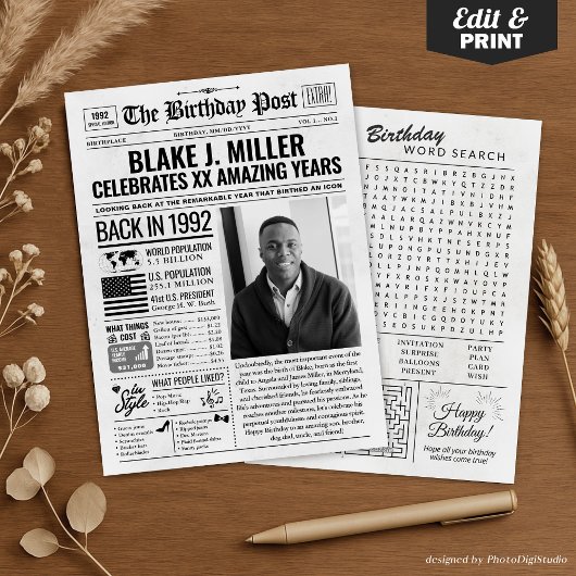 Aangepaste Terug in 1992 krant Verjaardag Kaart, T Feestdagenkaart