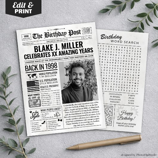 Aangepaste Terug in 1998 krant Verjaardag Kaart, T Feestdagenkaart