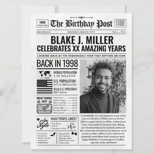 Aangepaste Terug in 1998 krant Verjaardag Kaart, T Feestdagenkaart (Voorkant)