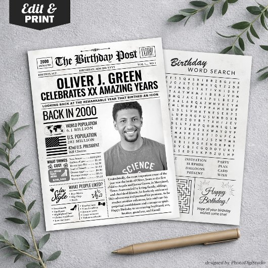 Aangepaste Terug in 2000 Krant Verjaardag Kaart, T Feestdagenkaart