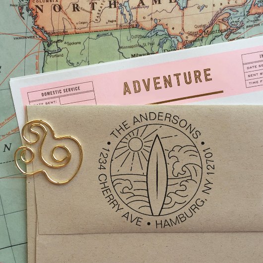 Aangepaste terugkeer adres Surf Board Waves Surfer Zelfinktende Stempel