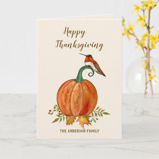 Aangepaste Thanksgiving Hummingbird en pompoen Kaart (Gele Bloem)