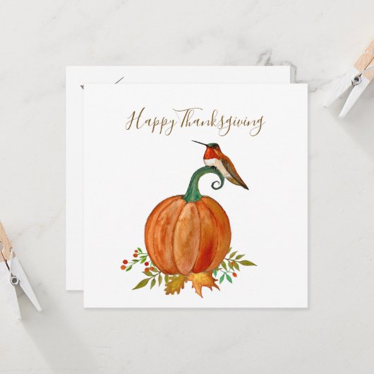 Aangepaste Thanksgiving Hummingbird en pompoen Kaart (Voorkant / Achterkant in situ)