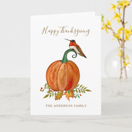 Aangepaste Thanksgiving Hummingbird en pompoen Kaart (Gele Bloem)