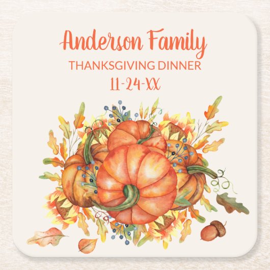 Aangepaste Thanksgiving Oranje Pompoenen Herfstbla Kartonnen Onderzetters (Voorkant)