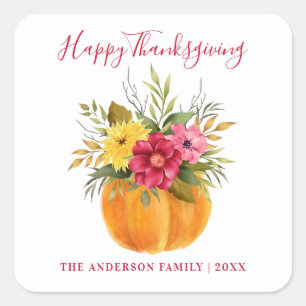 AANGEPASTE THANKSGIVING WATERVERF POMPOEN FLORAL VIERKANTE STICKER