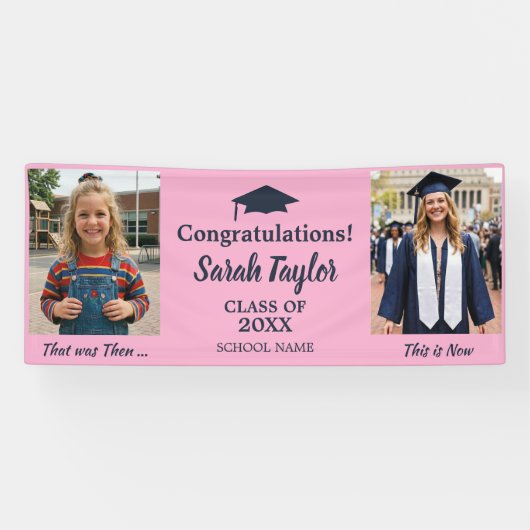 Aangepaste Then and Now 2 Foto Afstuderen Roze Spandoek (Horizontaal)