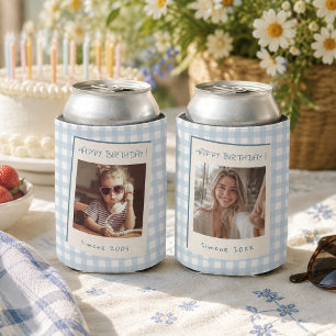 Aangepaste Then and Now Foto Blauwe Gingham Verjaa Blikjeskoeler