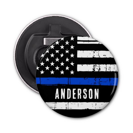 Aangepaste thin Blue Line Flag Police Button Flesopener (Voorkant)