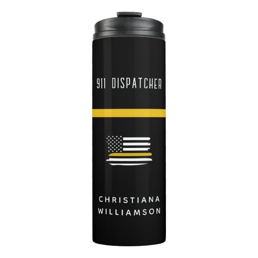 Aangepaste thin Gold Line Flag 911 Dispatcher Thermosbeker (Voorkant)