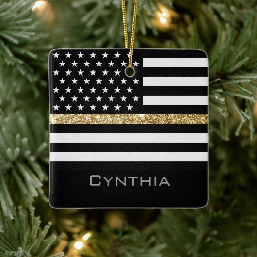 Aangepaste thin Gold Line Glitter Flag Keramisch Ornament (Boom)