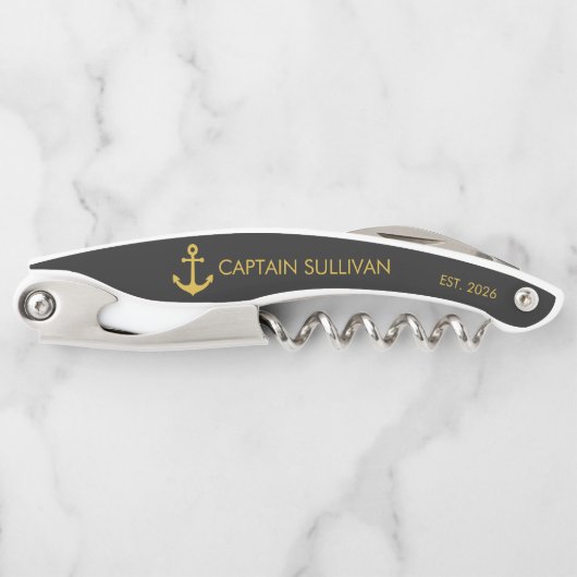 Aangepaste Thuisbar Monogram Zwar Goud Anker Kurkentrekker (Voorkant)