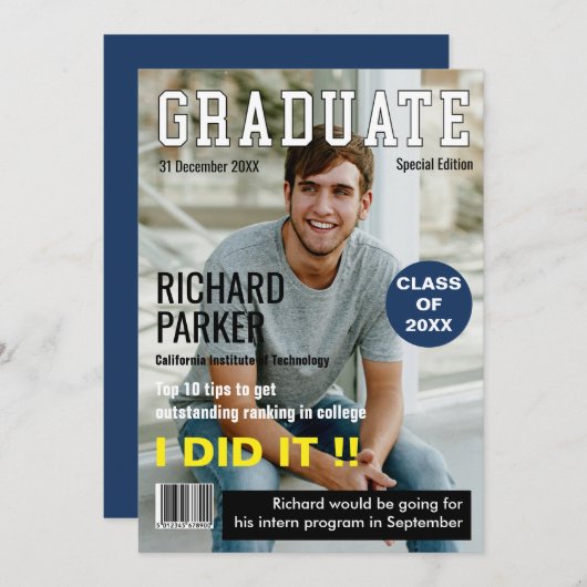 Aangepaste tijdschriftstijl Afstuderen Aankondigin Kaart (Voorkant / Achterkant)