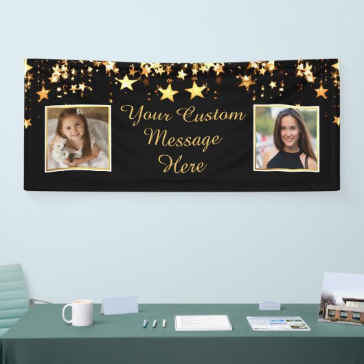 Aangepaste titel Gelegenheid Zwart Goud Sterren Tw Spandoek (Beurs)