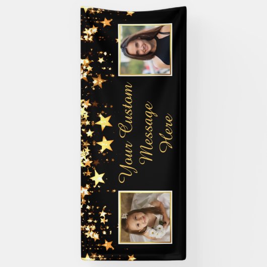 Aangepaste titel Gelegenheid Zwart Goud Sterren Tw Spandoek (Verticaal)