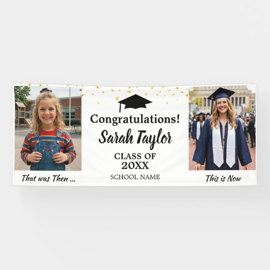 Aangepaste Toen en Nu 2 Foto Afstuderen Goud Wit Spandoek (Horizontaal)