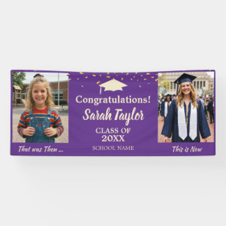 Aangepaste Toen en Nu 2 Foto Afstuderen Paars Spandoek
