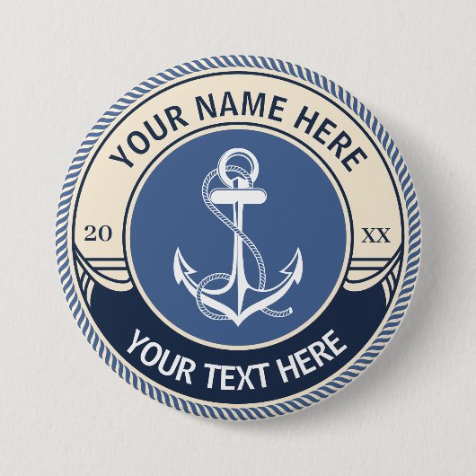Aangepaste Touwframe met Scheepsanker Ronde Button 7,6 Cm (Voorkant)