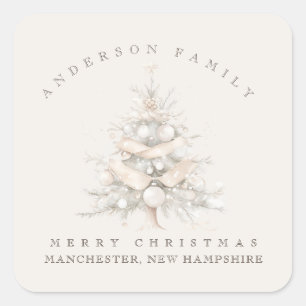 Aangepaste traditionele familie witte kerstboom vierkante sticker