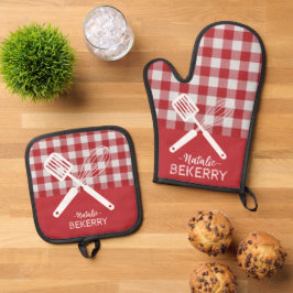 Aangepaste trendy klassieke tartan plaid Rood Wit  Ovenwant & Pannenlap Set