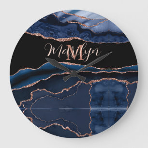 Aangepaste trendy marineblauwe agaat roze gouden g grote klok
