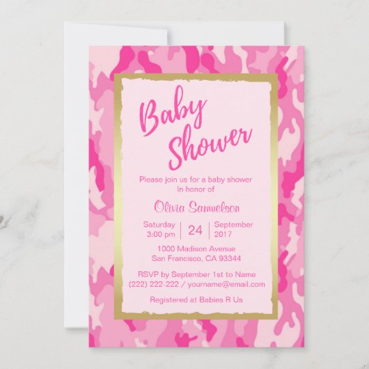 Aangepaste trendy ROZE CAMO Baby Shower Uitnodigin Kaart (Voorkant)