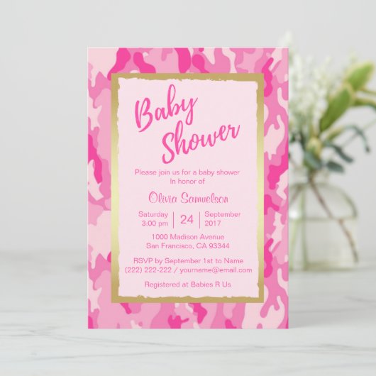 Aangepaste trendy ROZE CAMO Baby Shower Uitnodigin Kaart (Staand voorkant)