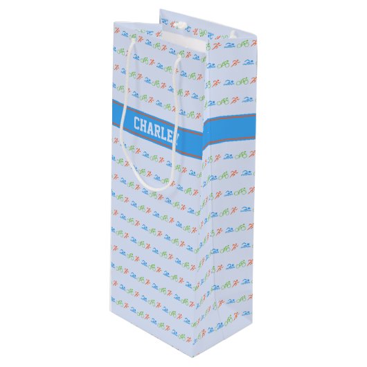 aangepaste triathlon-patroonnaam wijn cadeautas (Voorkant Gekanteld)