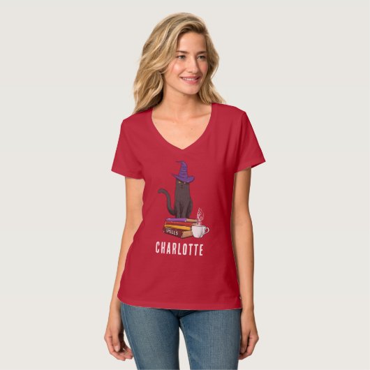 Aangepaste Trick or treat Black Cat Witch Hallowee T-shirt (Voorkant volledig)