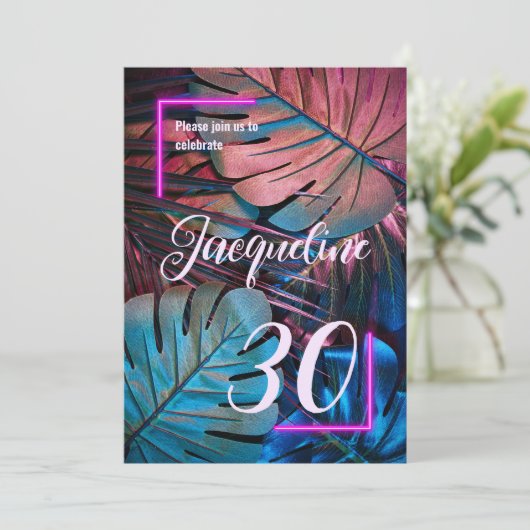 Aangepaste tropische bladeren Neon Pink 30e verjaa Kaart (Staand voorkant)