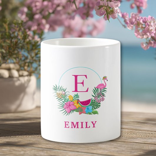 Aangepaste Tropische Flamingo Bloemige Monogram  Koffiemok