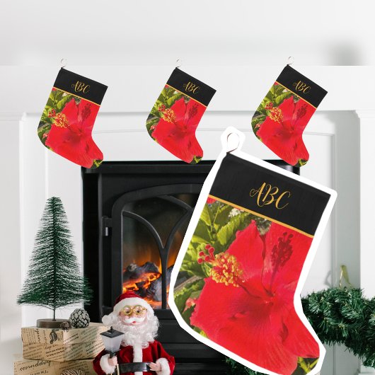 Aangepaste Tropische Rode Bloem Monogram Grote Kerstsok