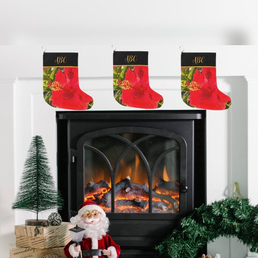 Aangepaste Tropische Rode Bloem Monogram Grote Kerstsok