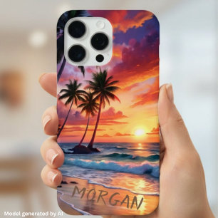 Aangepaste Tropische Strand Zonsondergang Kust K iPhone 15 Pro Max Hoesje