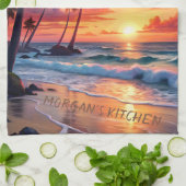 Aangepaste tropische strandzonsondergang | Kustkun Theedoek (Gevouwen)